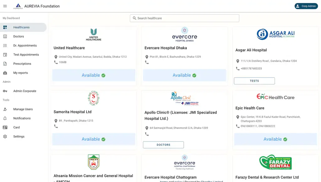 Corporate healthcare platform for hospitals and teams